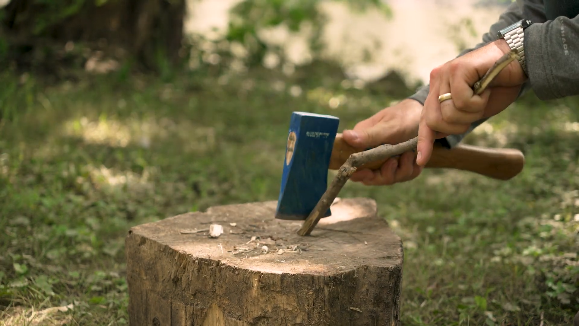 cutting a branch with the Vaughan camp axe